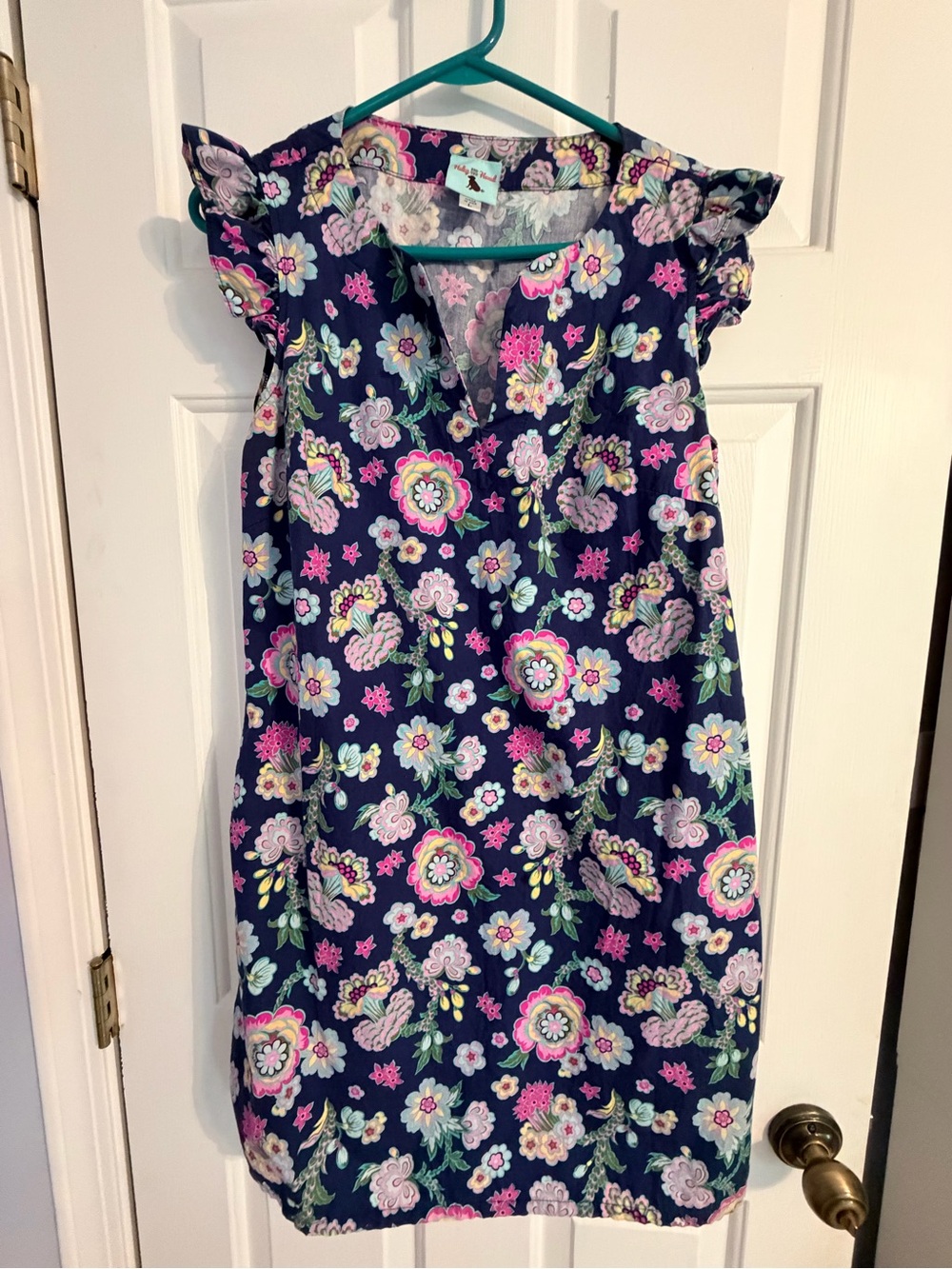 Navy Floral Casual Dress with Pink Accents